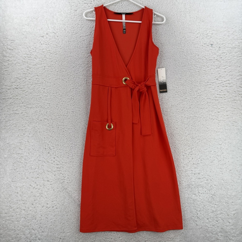 Kensie Dress Womens XS Orange V Neck Sleeveless Wrap Midi Belted Pocket Jersey